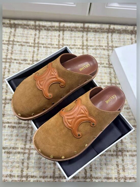 CELINE MARLOU TRIOMPHE MULE in Suede Calfskin W 39, UK 6.5  Celine Triomphe Suede & Leather Mule Clogs